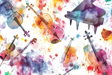 Colorful watercolor illustration of musical instruments. Music school wallpaper. 