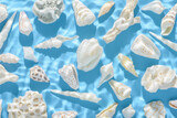 Fototapeta Miasto - top view of summer  sea concept with seashells and hard shadow in ripple water on blue background