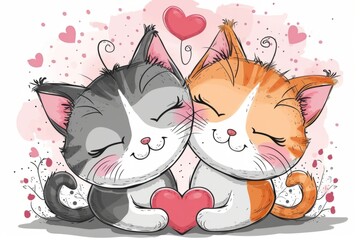 Wall Mural - Cute cats in love surrounded by hearts Generative AI