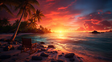 Beautiful Sunset Picture Of A Tropical Sea Beach Water Flowing And Palm Tree, Beach Sunset Background