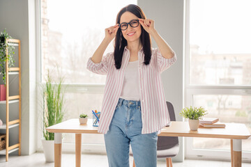 Wall Mural - Portrait of positive stunning corporate economist lady toothy smile hands touch glasses spacious office inside