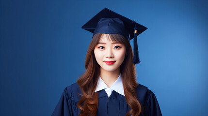 Girl wearing graduation dress and cap standing in front of isolated background - ai generative