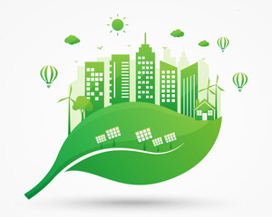 Wall Mural - ecology energy sustainable green city on leaf white background. world earth day and environment development. save the world. environmentally friendly. vector illustration in flat style.