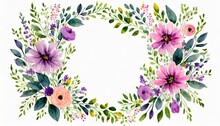 Frame Or Wreath With Flowers Romantic Watercolor Paint Illustration Hand Drawn Floral Decor For Wedding Invitation Design