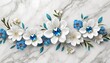 3d wallpaper white jewelry flowers with blue diamond on white marble background generative ai