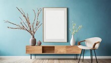 Wood Side Table Vase With Twigs Near Big Empty Frame Mock Up Poster With Copy Space Against Blue Wall Scandinavian Home Interior Design Of Modern Living Room
