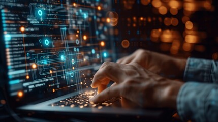Wall Mural - close-up of hands typing on a laptop with glowing cybersecurity interface symbols. focus on digital 