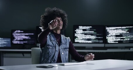 Software development, virtual screen and woman coding machine learning AI, cloud computing system or algorithm. Night developer, digital transformation and coder programming cybersecurity database