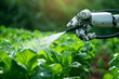 © TANATPON - Smart robotic farmer arm watering plants, Automatic agricultural technology, Futuristic Crops plant with smart tech concept.