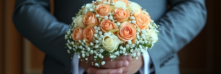 Elegant groom holding stunning wedding bouquet in studio against blue background