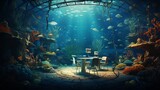 Fototapeta Do akwarium - classroom under the sea, with fish swimming around floating desks and a coral reef chalkboard