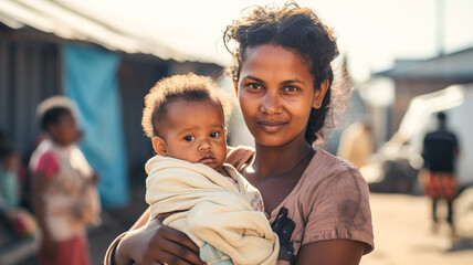 Young homeless woman holds baby in her arms. Refugee camp, place of temporary refuge, integration of migrants and immigrants. Busy refugee camp amidst conflict.
