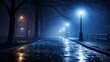 An icy blue tactile pathway glimmering under streetlights on a foggy winter night in a deserted urban setting