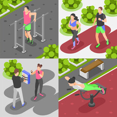 Sticker - Outdoor training isometric cartoon composition set