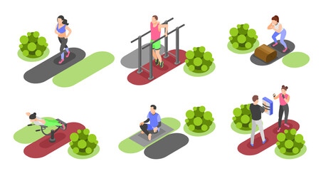 Sticker - Outdoor training isometric cartoon mini compositions set