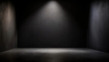 A Solitary Spotlight Shines On An Empty Black Room, Suitable For Text Mockup Or Product Presentation.