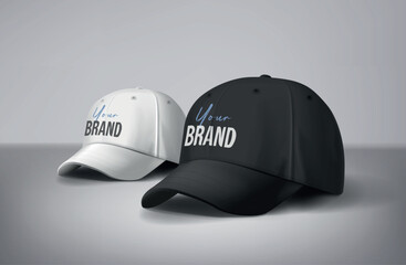 Wall Mural - Black and white baseball caps mock up with logo in gray background, front sides. For branding and advertising.
