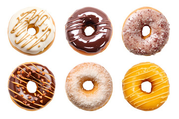 Wall Mural - Collection of round donut doughnut, glazed frost sugar set, top view on transparent background cutout, PNG file. Many assorted different. Mockup template for artwork