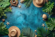 Summer, Beach And Vacation Concept With Free Text Space. Top View. A Man Straw Hat, Sunglasses And Suntan Oil On A Fine Sandy Background With A Palm Leaf Shade. AI Generated Illustration