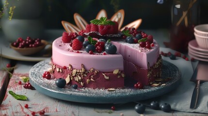 Wall Mural - Homemade berry mousse cake decorated with fresh berries and almonds