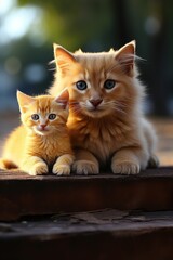 Two ginger cats, one adult and one kitten, sitting together on a bench