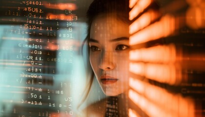 Wall Mural - asian woman gazes intently at a complex digital code on a screen, surrounded by a halo of warm light