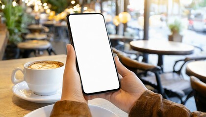 Womans hand holding mobile phone in office, copy space, white blank screen for text, mockup