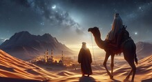Al-Isra Wal Mi'raj Means The Night Journey Of Prophet Muhammad, Multipurpose Illustration Background Template. Islamic Background 