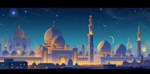 Wall Mural - Illustration perfect for Ramadan themes, showing Islamic architecture under a night sky adorned with stars and crescent moons.