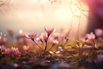 Wall Mural - Delicate spring pink flowers in soft glow