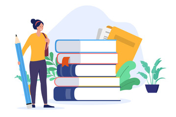 Fototapete - Woman student ready for education - Young female person standing in front of school books holding big pencil. Class, lecture and studying concept. Flat design vector illustration with white background