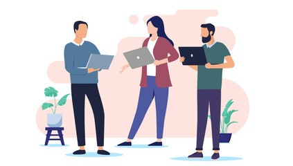Fototapete - People with computers working - Team of three developers with laptops standing having meeting and discussing business project in office. Flat design vector illustration with white background