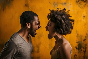 Angry young adult african american woman yelling versus her husband. Black man and woman shouting at each other over yellow studio background. Closeup of african american couple fighting, profile view