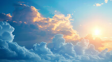 Blue Sky Clouds Background, Beautiful Landscape With Clouds And Orange Sun On Sky, Generative Ai