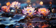 Pink Lotus Floating On Pond At Night