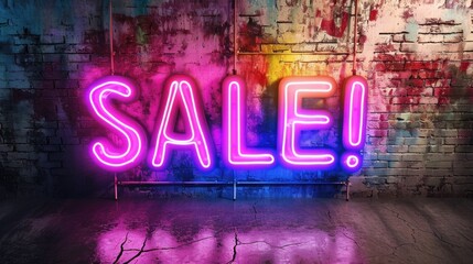 Sticker - A neon sign that says sale in front of a brick wall, AI