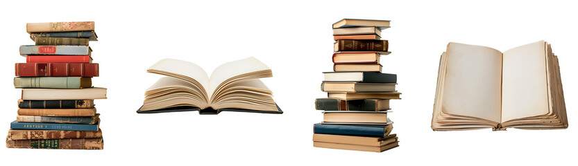 Wall Mural - Collection of Books: Blank Opened Book, Heap of Books, Isolated on Transparent Background, PNG