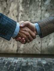 Two business people shaking hands in front of a wall. Generative AI.