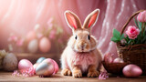 Fototapeta Dinusie - Easter bunny and eggs. Selective focus.