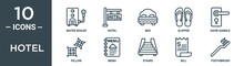 Hotel Outline Icon Set Includes Thin Line Water Boiler, Hotel, Bed, Slipper, Door Handle, Pillow, Menu Icons For Report, Presentation, Diagram, Web Design