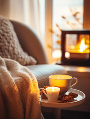 Cup of hot drink and knitted blanket. Cozy hygge atmosphere at home. Fireplace in the background. Selective focus, bokeh background.