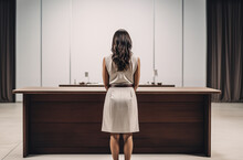 Young Woman Standing In A Room Behind A Table