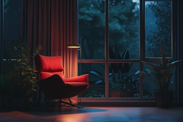 Wall Mural - Cozy Red Chair Besides a Big Window in Home Minimalist Interior at Night. Generative AI