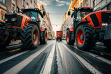 Fototapeta  - Tractors in row block traffic on city street, Farmers protest, Demonstration due to economic problems