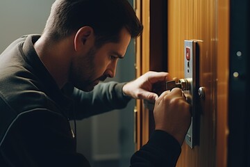 a man is seen opening a door with a key. this image can be used to depict security, access, or unloc