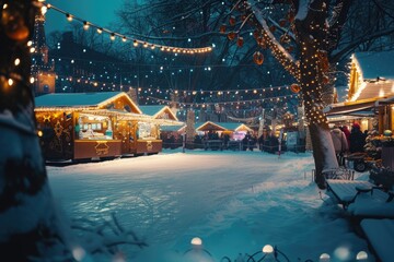 Poster - A snowy landscape illuminated by numerous sparkling lights. Perfect for winter-themed designs or holiday projects