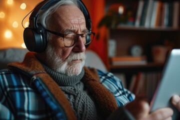 Wall Mural - A man wearing headphones is using a tablet. This versatile image can be used to represent technology, communication, or multimedia