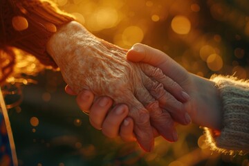 Poster - A close-up image of a person's hand being held by another person. This picture can be used to represent support, friendship, love, or connection