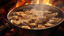 A Pot Filled With Clams Sitting On Top Of A Fire. Perfect For Seafood Lovers And Cooking Enthusiasts