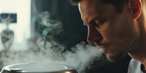 Wall Mural - A man is seen looking down at a pot that is steaming. This image can be used to depict cooking, preparing a meal, or the anticipation of a delicious dish